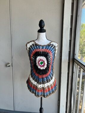 Y2K Handmade Crochet Tank Top with Floral Medallion Multicolor